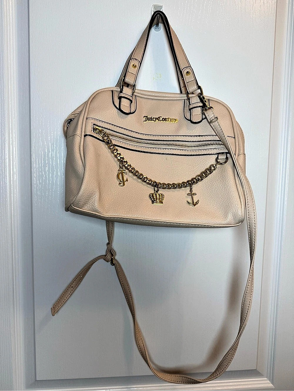 Juicy Couture Beige Dome Satchel Handbag Gold Charm Chain Crossbody Y2K